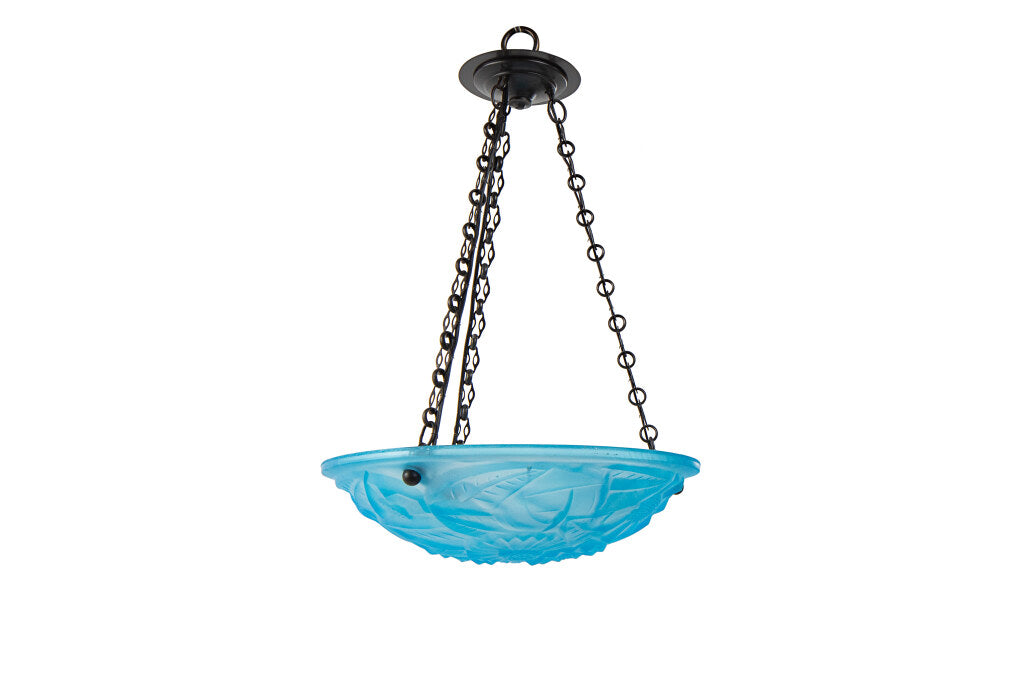 Molded Blue Glass Art Deco Three Light Pendant With Floral Geome Default