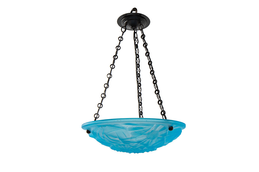 Molded Blue Glass Art Deco Three Light Pendant With Floral Geome Default