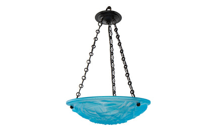 Molded Blue Glass Art Deco Three Light Pendant With Floral Geome Default