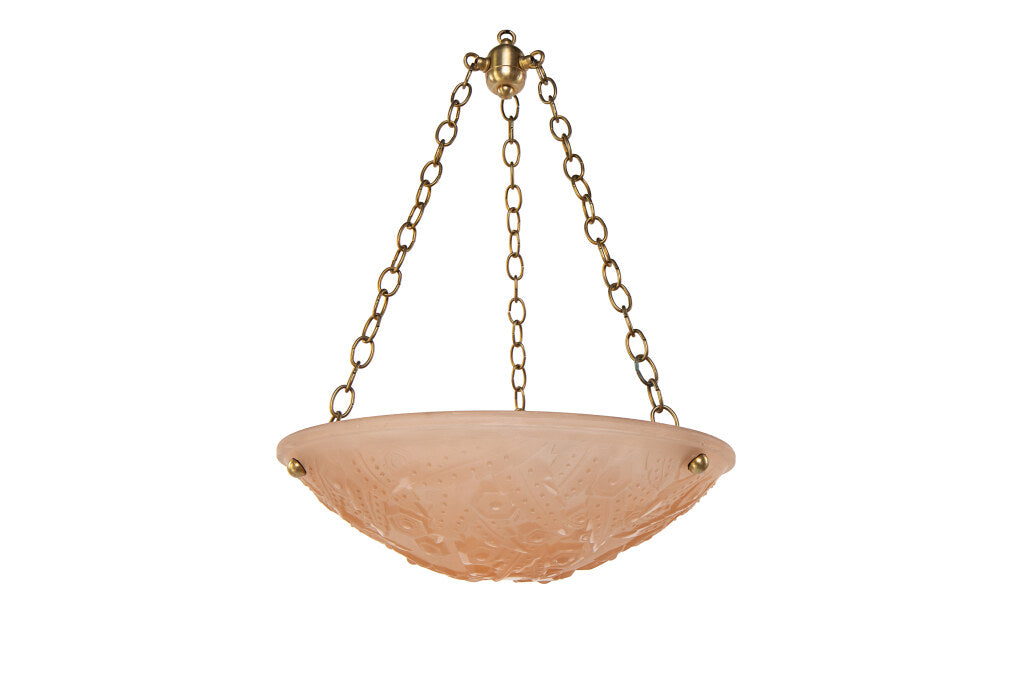 Molded Glass Rose Colored Art Deco Three Light Pendant With Geom Default