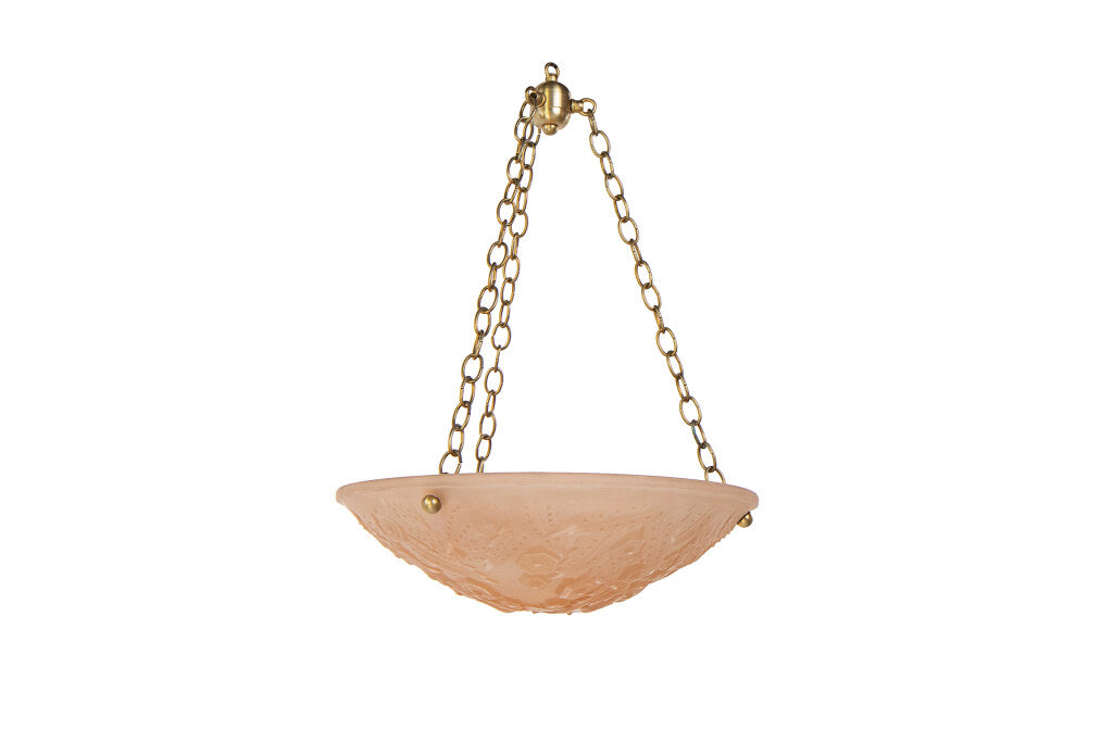 Molded Glass Rose Colored Art Deco Three Light Pendant With Geom Default