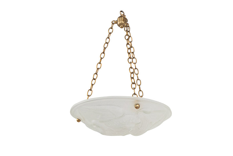 Molded Glass Motif Art Deco Three Light Pendant With Heron Motif