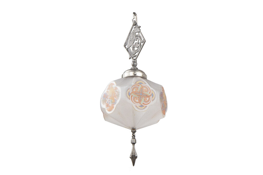 Hand Painted And Frosted  Glass Secessionist Spelter Pendant, Au Default