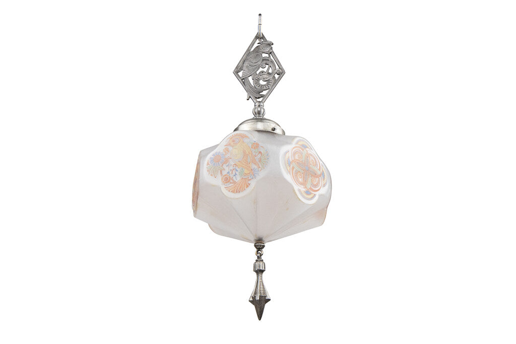 Hand Painted And Frosted  Glass Secessionist Spelter Pendant, Au Default