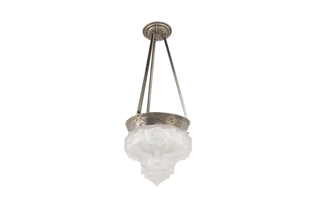 Molded Glass And Nickeled Bronze One Light Pendant By "MULLER FR Default