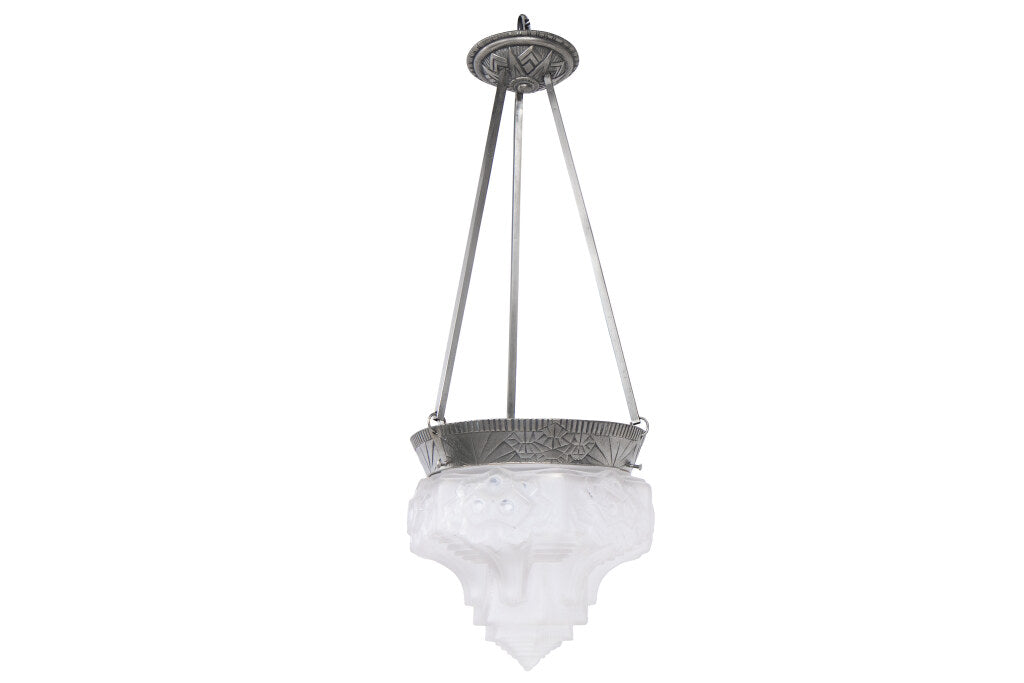 Molded Glass And Nickeled Bronze One Light Pendant By "MULLER FR Default