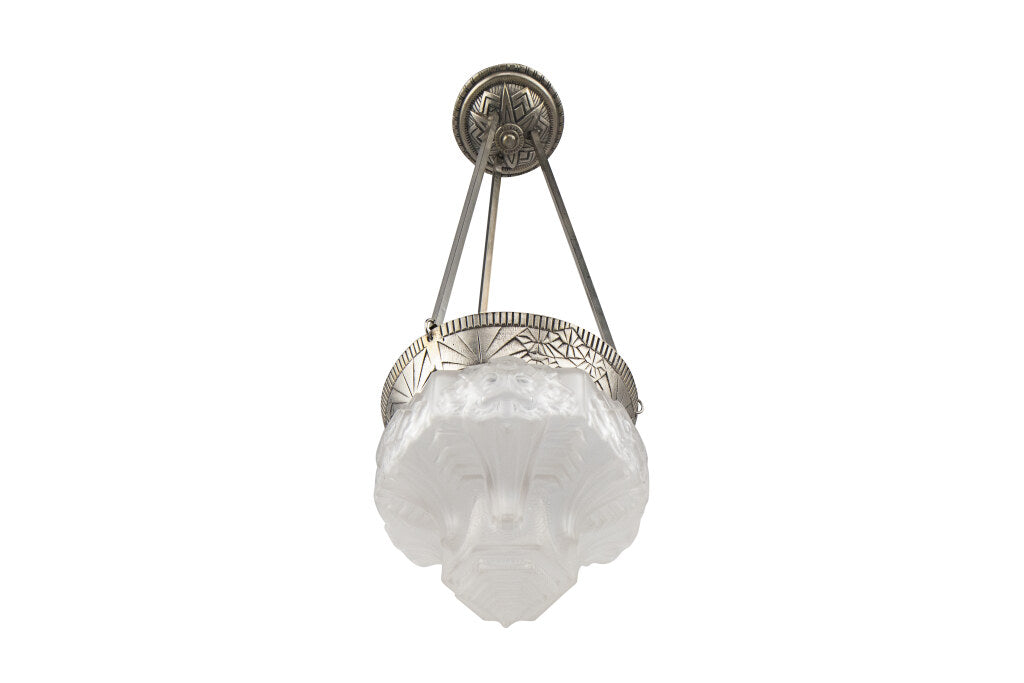 Molded Glass And Nickeled Bronze One Light Pendant By "MULLER FR Default