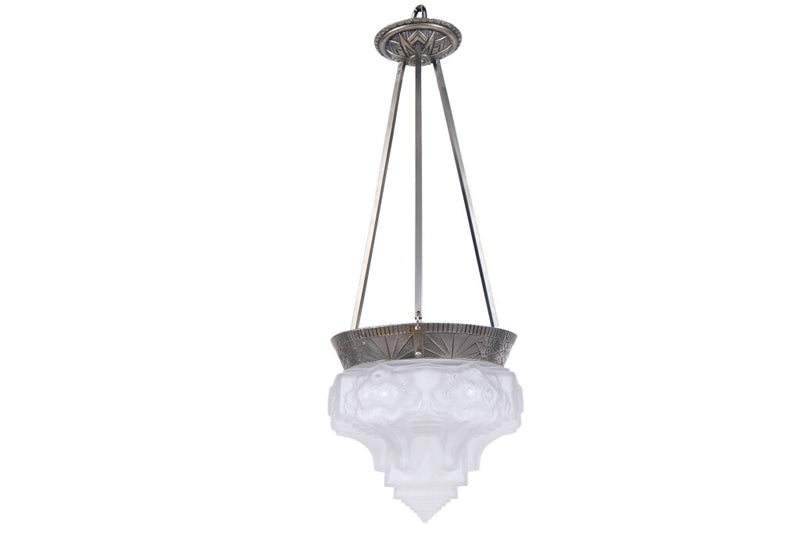 Molded Glass And Nickeled Bronze One Light Pendant By 