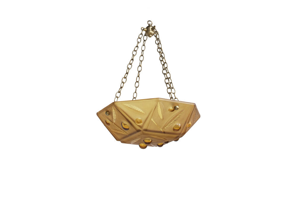 Molded Amber Glass Art Deco Three Light  Pendant With Foliate Mo Default