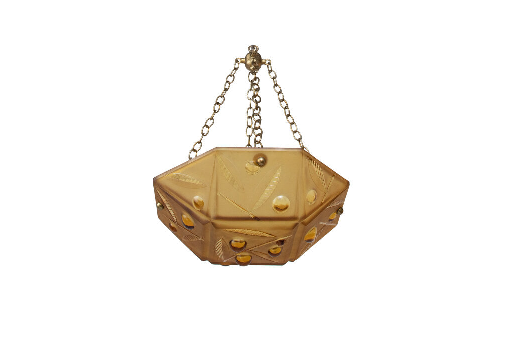 Molded Amber Glass Art Deco Three Light  Pendant With Foliate Mo Default