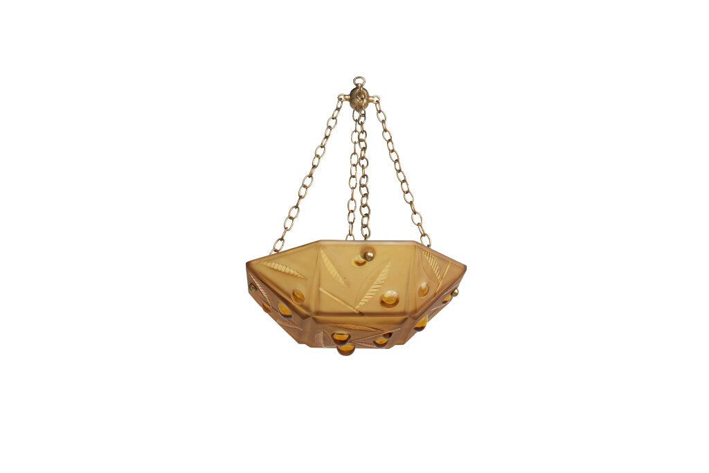 Molded Amber Glass Art Deco Three Light  Pendant With Foliate Mo Default