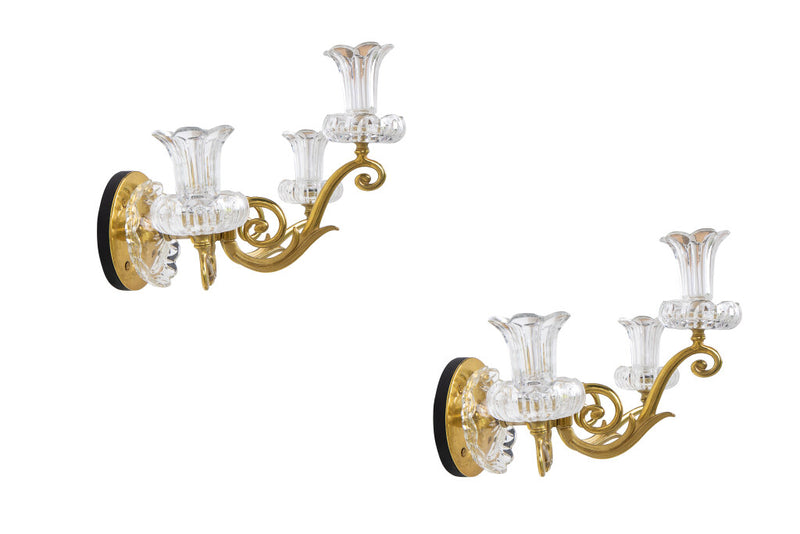 Gilt Bronze And Cut Crystal Three Light Sconces In The Style Of