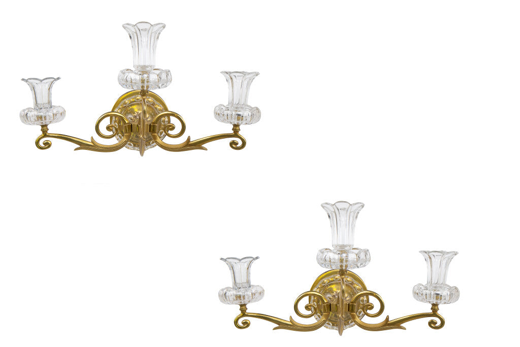 Gilt Bronze And Cut Crystal Three Light Sconces In The Style Of Default