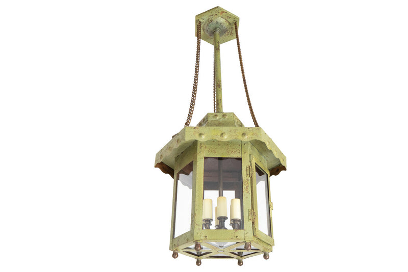 Painted Iron and Glass Paneled Art Deco Hexagonal Lantern, Franc