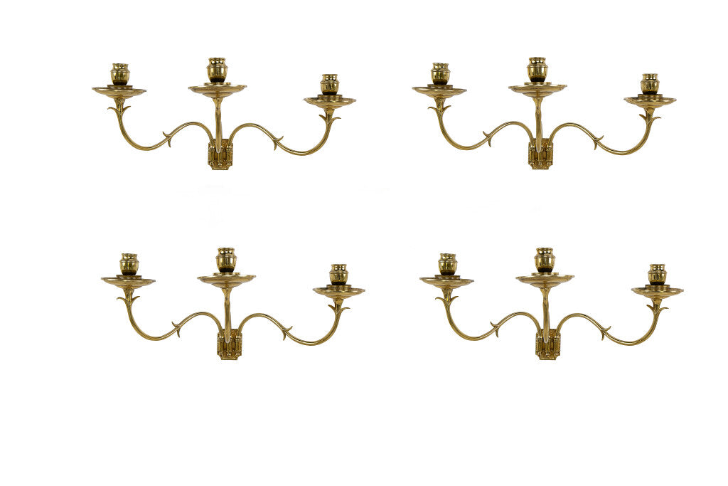 Brass Set Of Four Swing Arm Three Light  Sconces, England Mid 19 Default