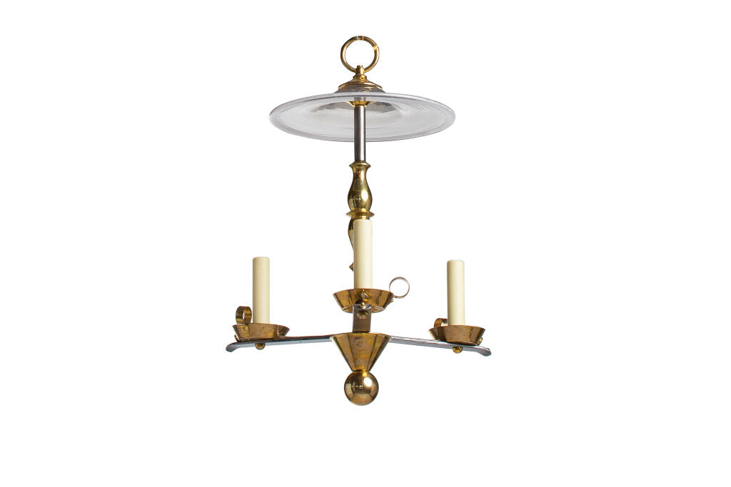 Iron, Brass And Glass Three Light "Beddy" Chandelier With Smoke Default