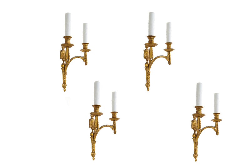 Gilt Bronze L.XVI Style Set Of Four Two Light Sconces With Garla