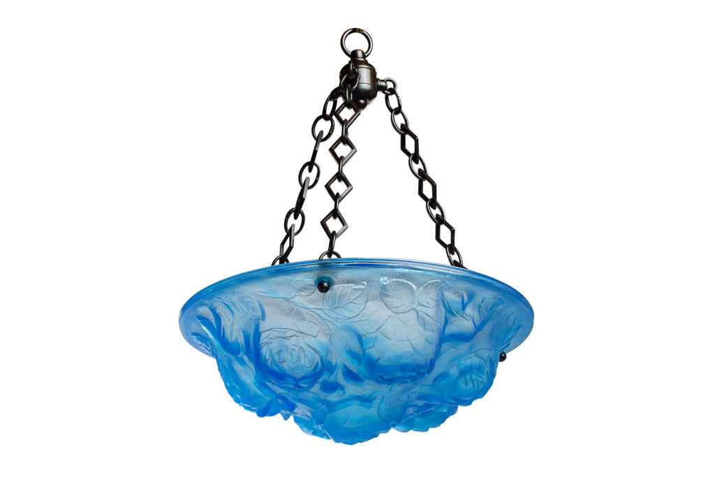 Molded Glass Blue Art Deco Pendant With Floral Motif, France Ear Default