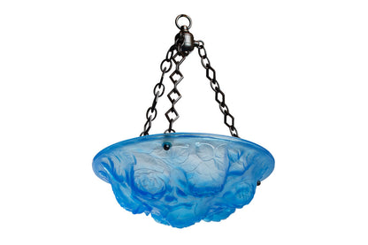Molded Glass Blue Art Deco Pendant With Floral Motif, France Ear Default