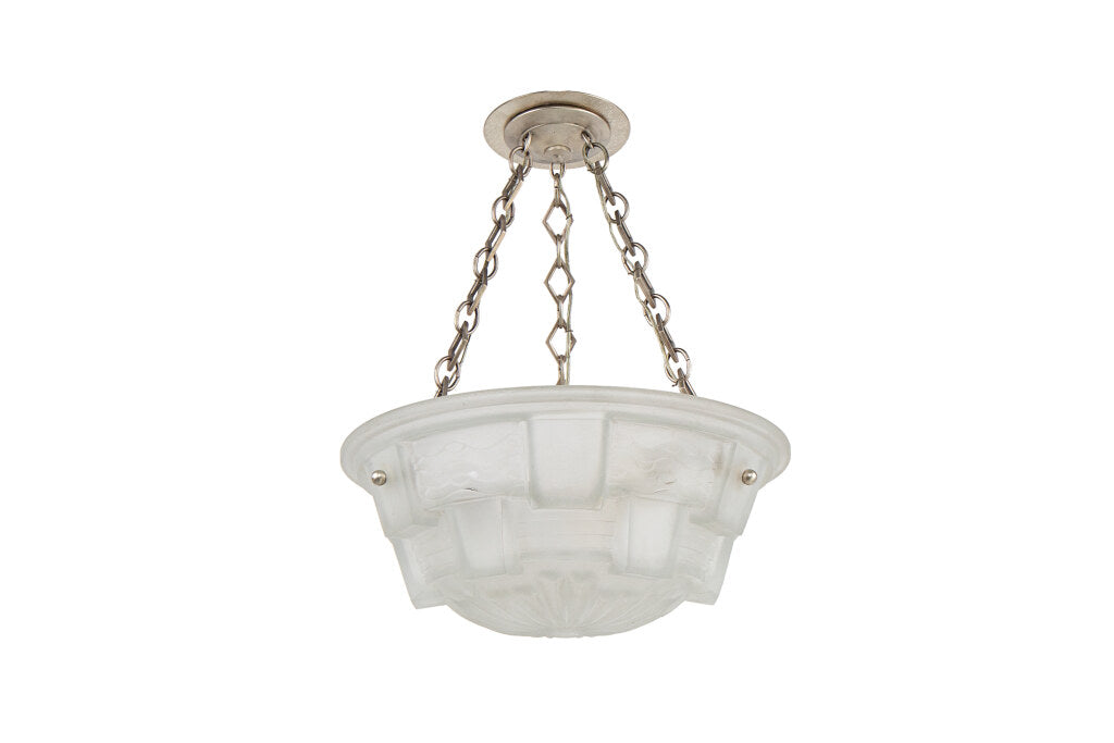Molded Glass Art Deco Three Light Pendant With Geometric Motif, Default