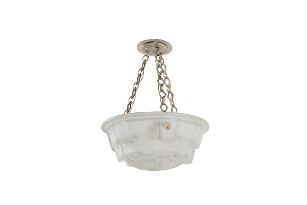 Molded Glass Art Deco Three Light Pendant With Geometric Motif, Default