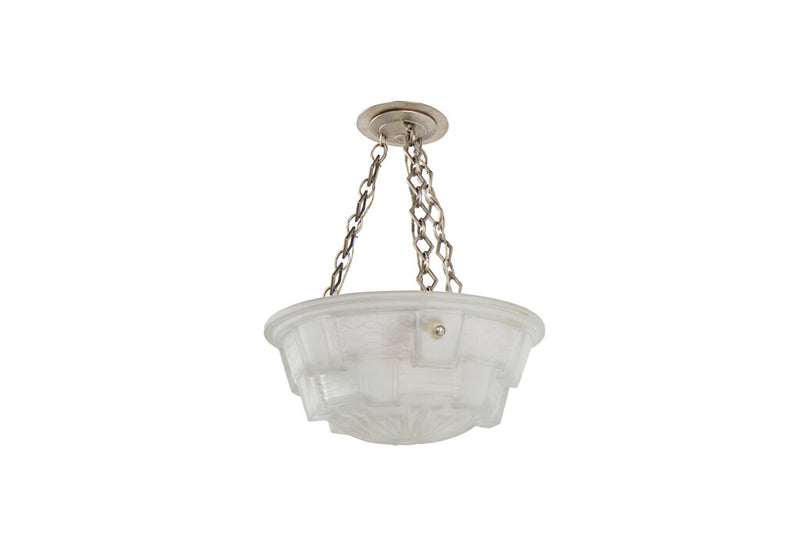 Molded Glass Art Deco Three Light Pendant With Geometric Motif,