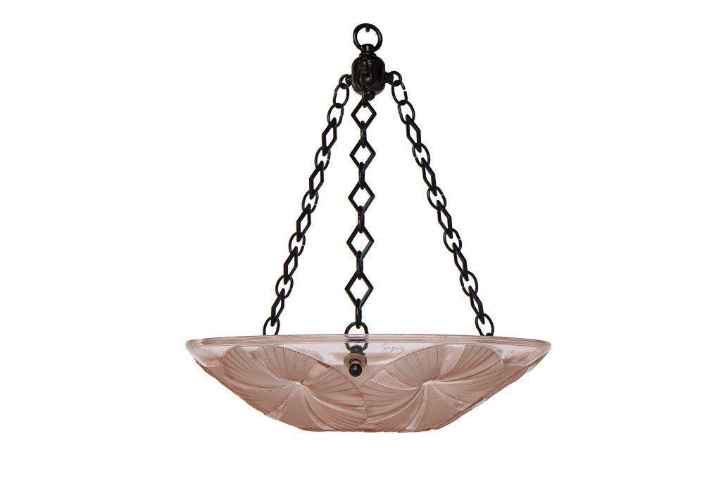 Molded Glass Peach Colored Art Deco Three Light Pendant With Mor Default