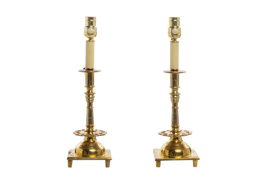 Brass Baroque Candlestick Lamps On Footed Bases, Sweden Eighteen Default