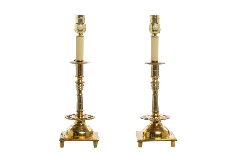 Brass Baroque Candlestick Lamps On Footed Bases, Sweden Eighteen