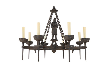 Forged Iron Armorial Motif Eight Light Chandelier With Decorated Default