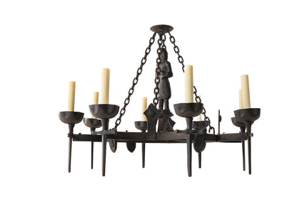 Forged Iron Armorial Motif Eight Light Chandelier With Decorated Default