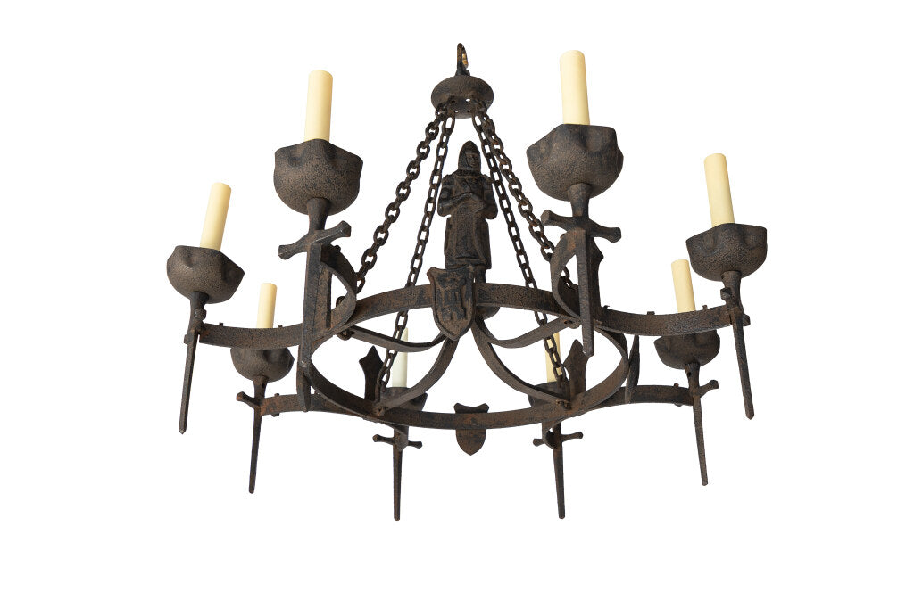Forged Iron Armorial Motif Eight Light Chandelier With Decorated Default