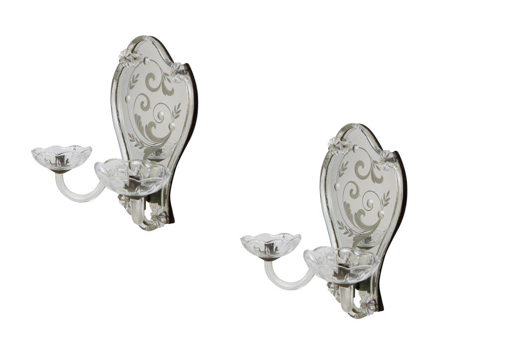 Etched Mirror Two Light Sconces With Glass Trim And Arms, France Default