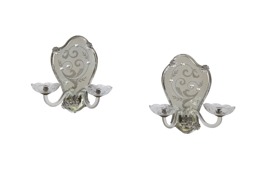 Etched Mirror Two Light Sconces With Glass Trim And Arms, France Default