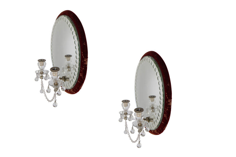 Etched Mirror With Beading And Crystal Arm Two Light Sconces Wit
