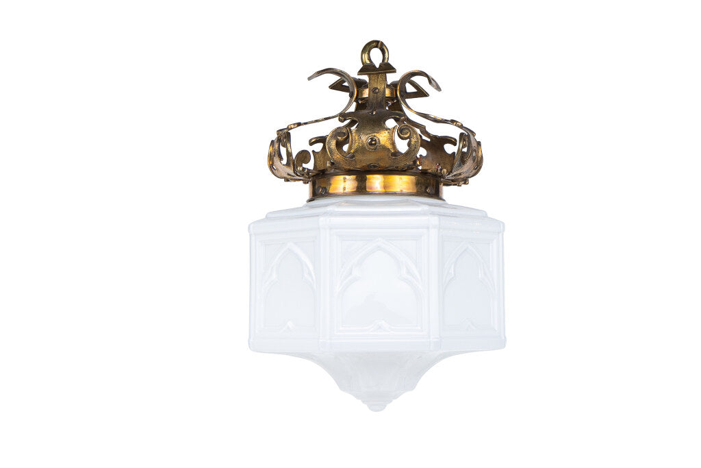 Brass And Pressed Milk Glass Edwardian Lantern With Gothic Motif Default