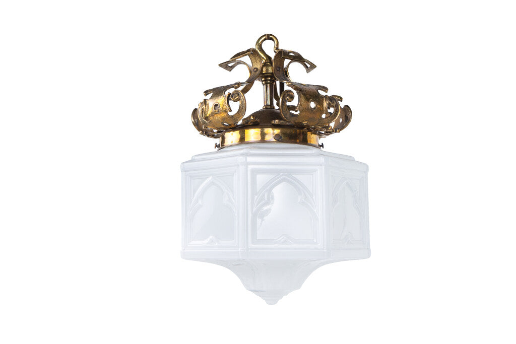 Brass And Pressed Milk Glass Edwardian Lantern With Gothic Motif Default