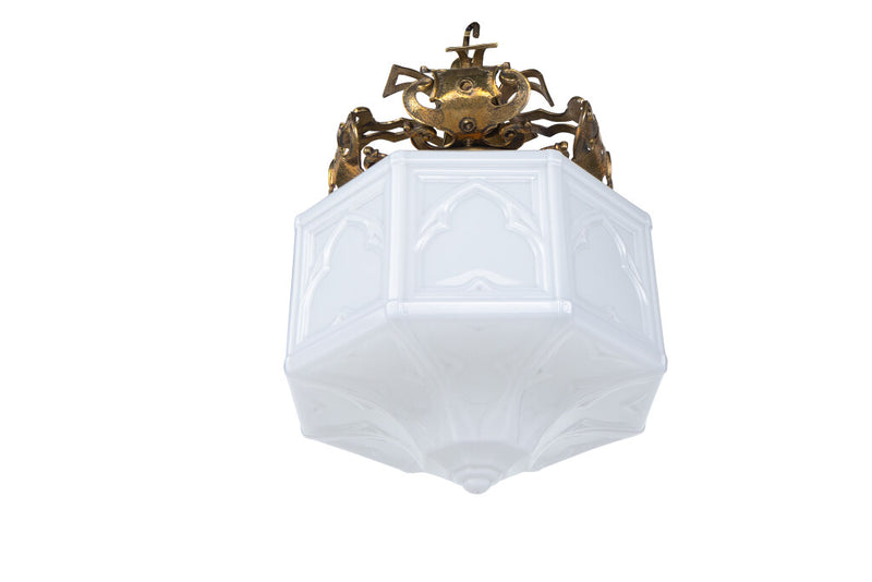 Brass And Pressed Milk Glass Edwardian Lantern With Gothic Motif