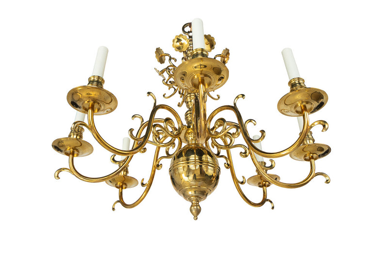 Polished Brass Baroque Style Eight Light Chandelier With Reflect