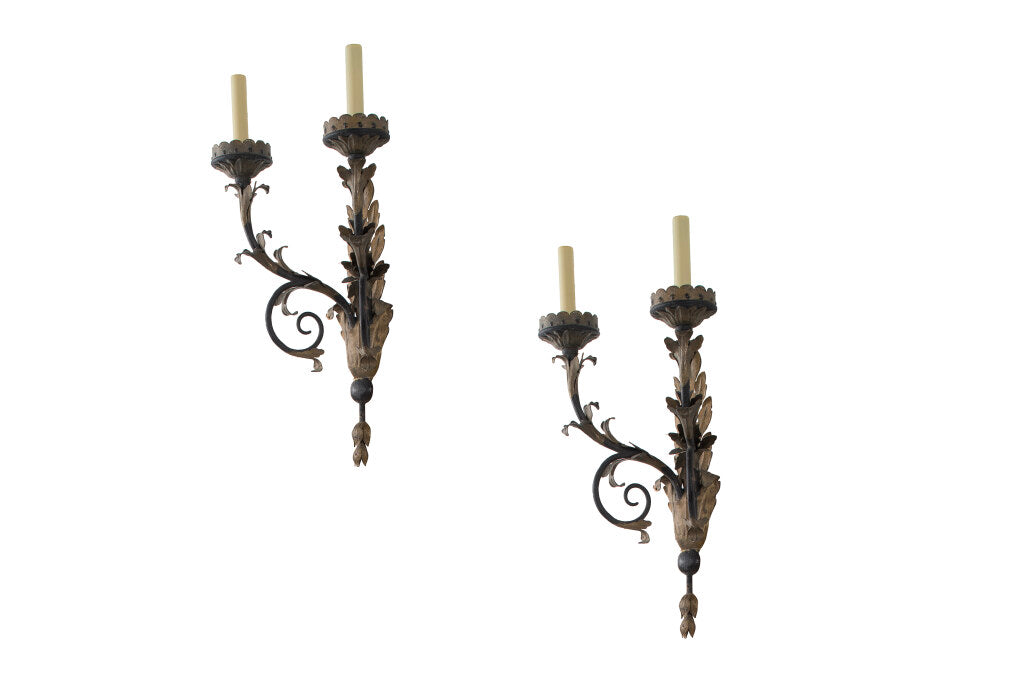 Parcel Gilt And Polychrome  Iron Two Light Sconces By "E.F. CALD Default