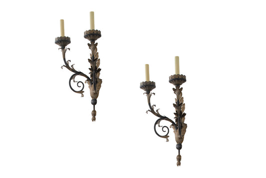 Parcel Gilt And Polychrome  Iron Two Light Sconces By "E.F. CALD Default