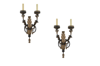 Parcel Gilt And Polychrome  Iron Two Light Sconces By "E.F. CALD Default