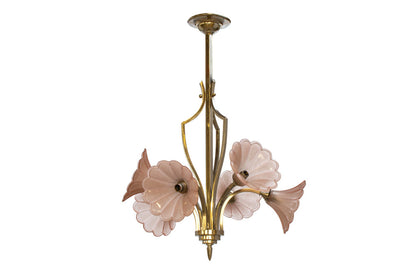 Molded Pink Flower Shaped Glass And Nickeled Brass Art Deco Six Default
