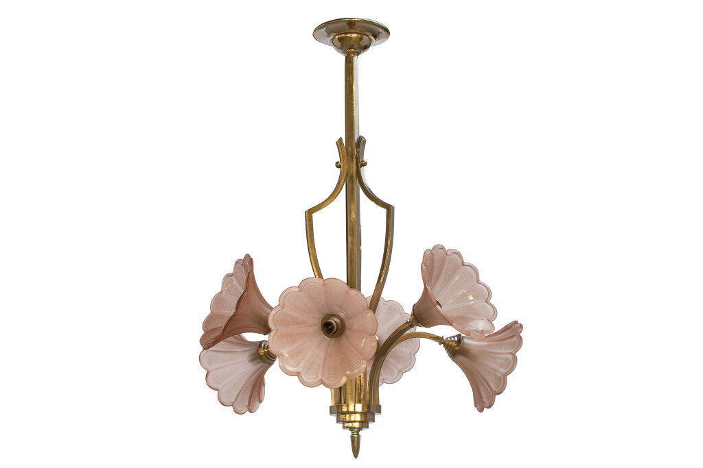 Molded Pink Flower Shaped Glass And Nickeled Brass Art Deco Six Default