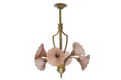 Molded Pink Flower Shaped Glass And Nickeled Brass Art Deco Six Default