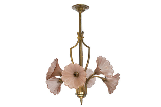 Molded Pink Flower Shaped Glass And Nickeled Brass Art Deco Six Default