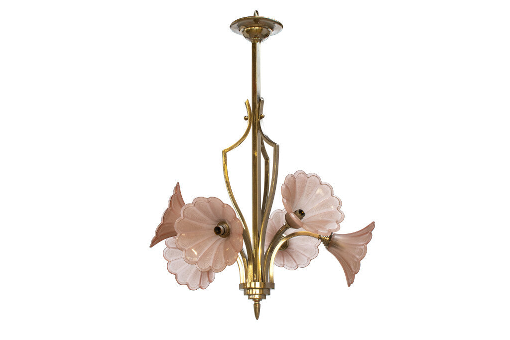Molded Pink Flower Shaped Glass And Nickeled Brass Art Deco Six Default