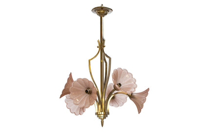 Molded Pink Flower Shaped Glass And Nickeled Brass Art Deco Six Default