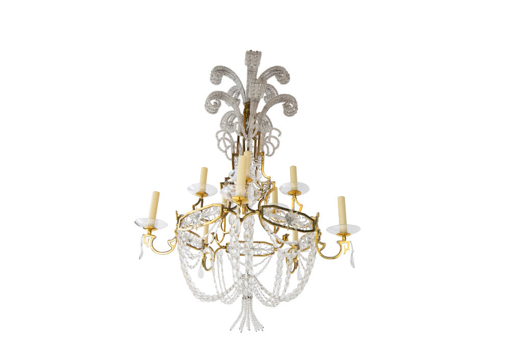 Gilt Bronze and Crystal Two Tiered Twelve Light Chandelier with Default