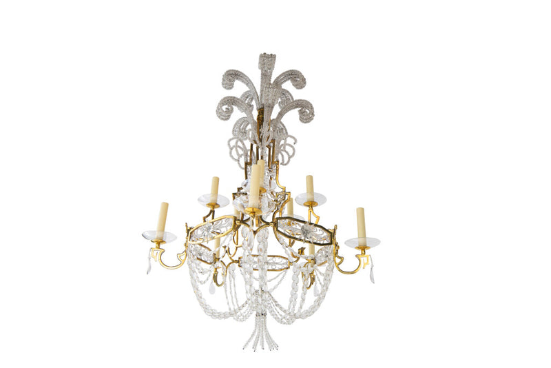 Gilt Bronze and Crystal Two Tiered Twelve Light Chandelier with